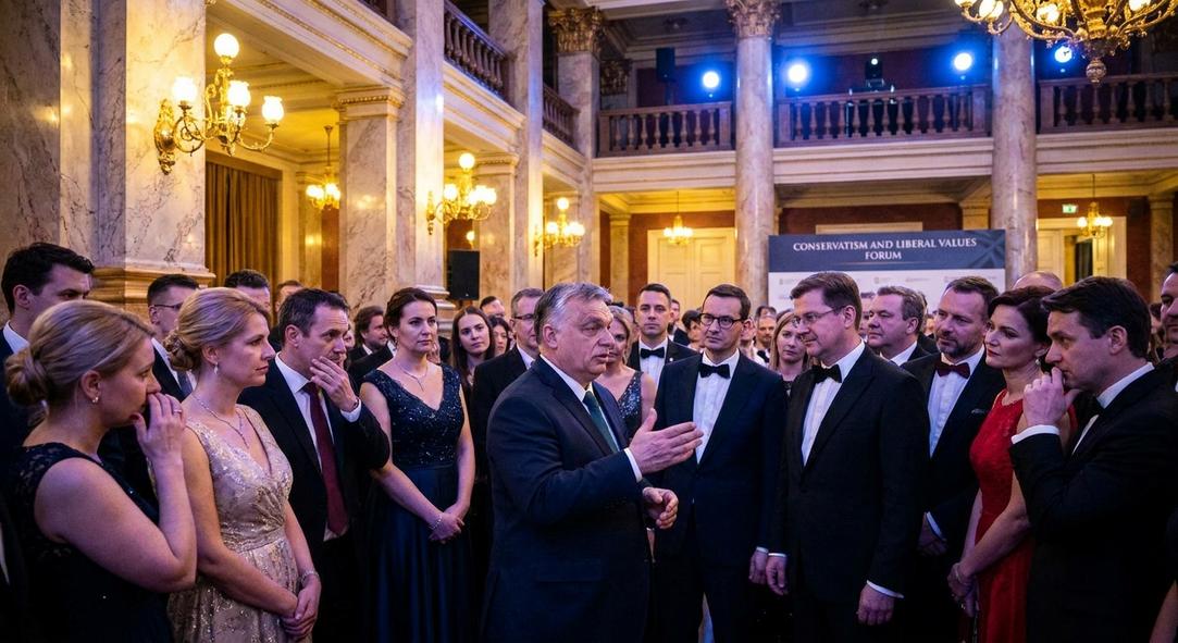 Grupo en gala escuchando discurso en salón elegante