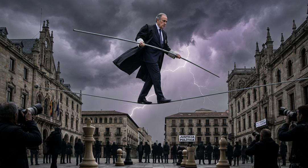 Hombre caminando sobre cuerda floja bajo tormenta