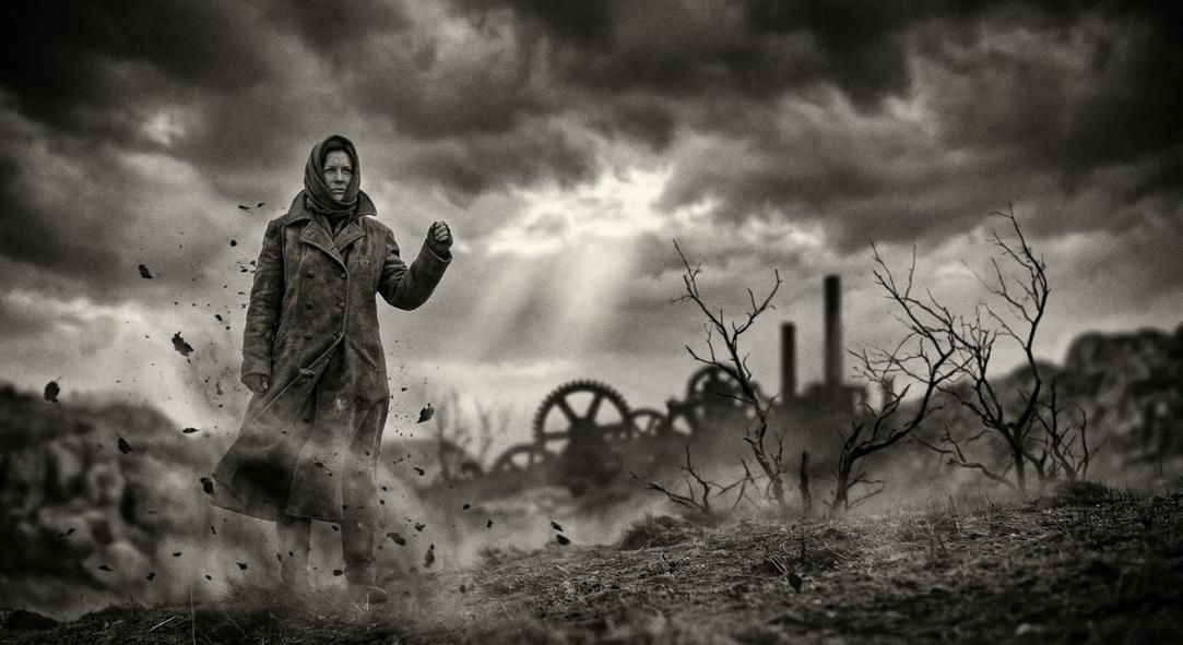 Figura solitaria en paisaje industrial devastado