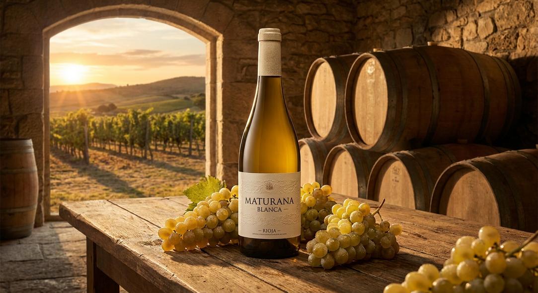 Botella de vino blanco con uvas y viñedo