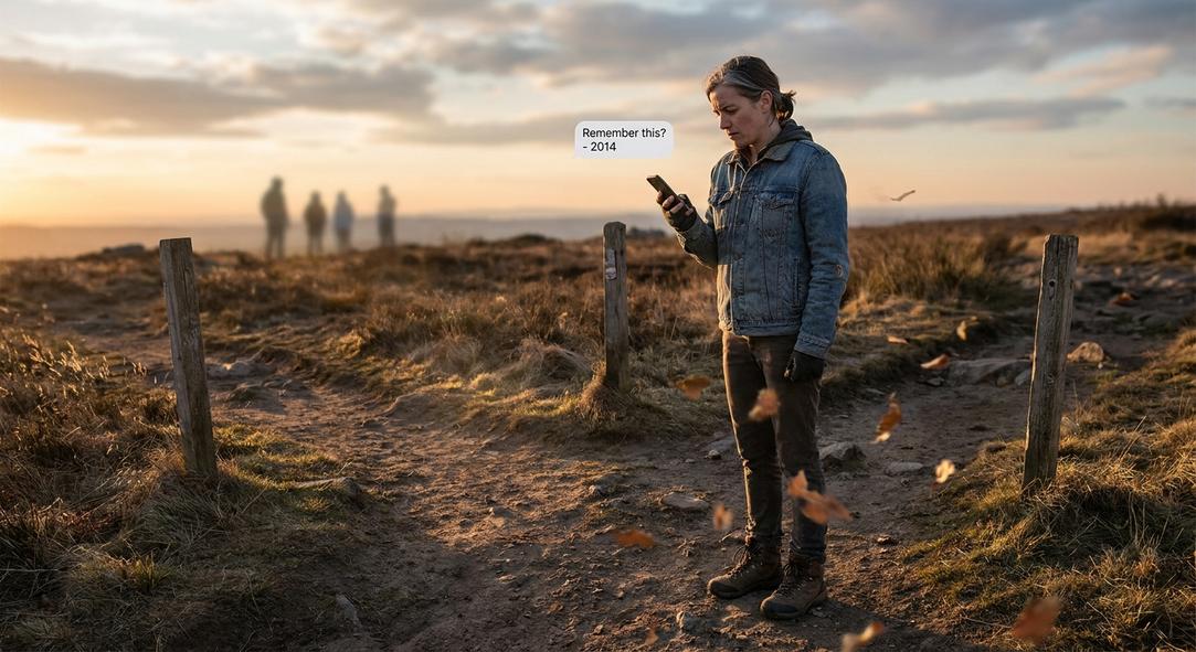 Mujer mirando móvil en sendero al atardecer